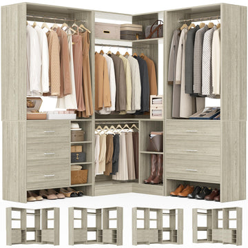 Closet System with 6 Drawers, 4 Hanging Rods & Corner Tower, Corner Closet System with Hanging, 84.6" L-Shaped