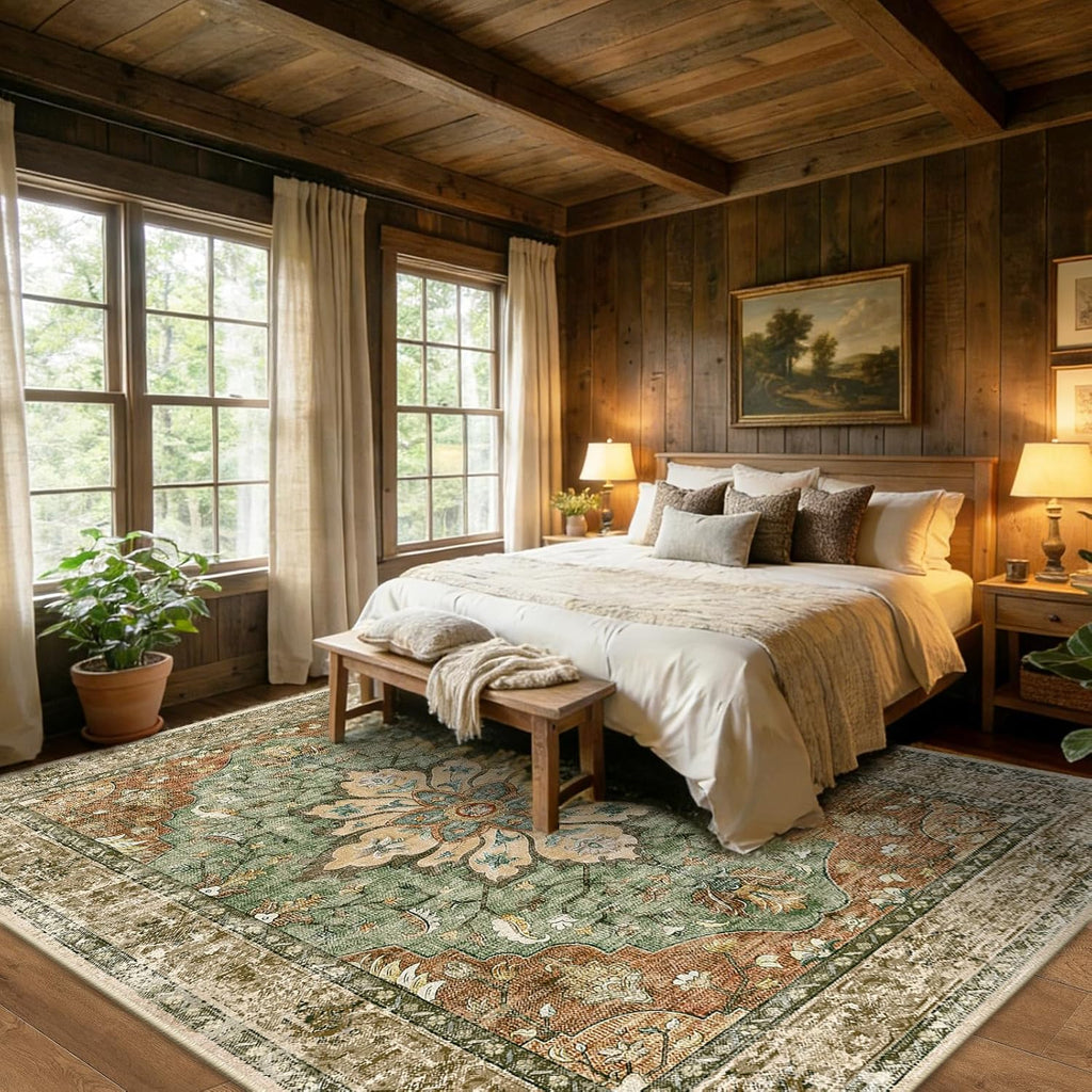 Area Rugs Large 9'x12' Washable Non-Slip, Floral Vintage Distress Medallion Carpet for Living Room B