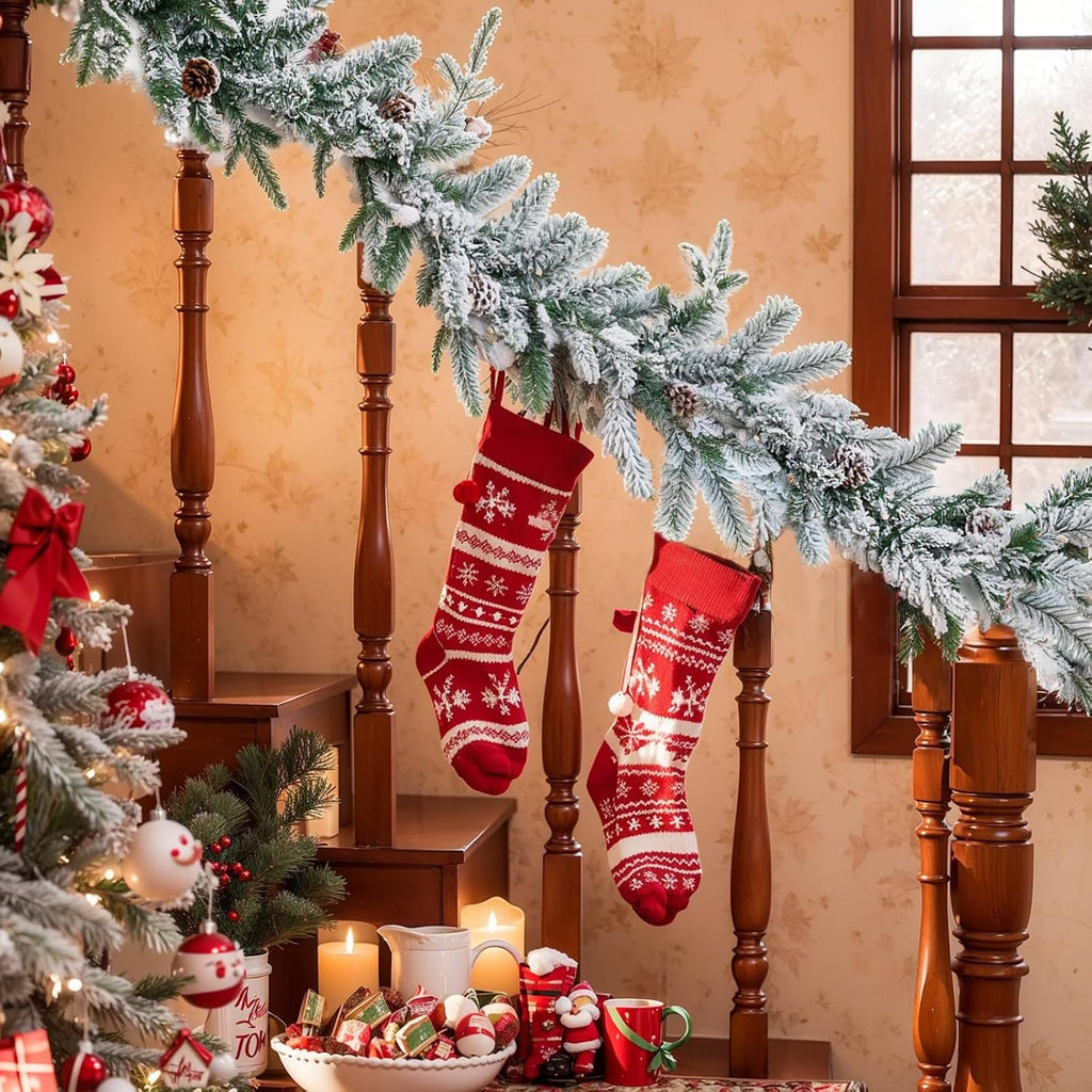 9FT Real Touch Christmas Artificial Garland - Norfolk Pine Flocked Garland with 50 Warm White LED Lights Fireplace