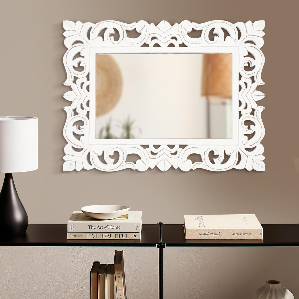 Lightnpro Hand Carved Rectangular Wall Mirror - 18×24 Inch Rustic Farmhouse Wood Frame with Antique White Finish