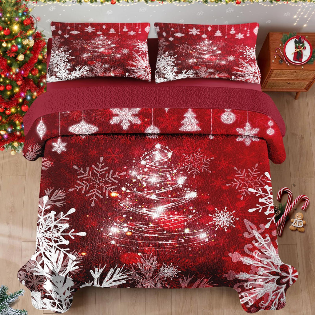 King Christmas Quilt Set, 3 Piece Red Glitter Bedding, Bedspreads