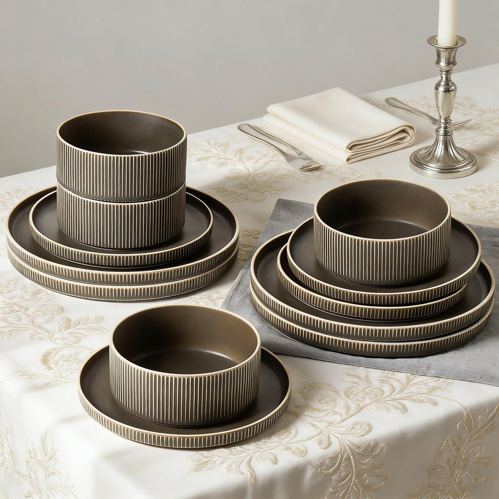 Stoneware Dinnerware Sets for 4, 12Pcs Plates and Bowls Set, Matte Green