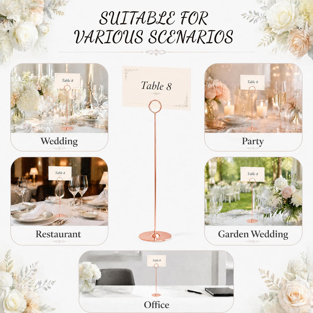 12 Inch Rosegold Steel Place Card Holder, 16 Pack Table Number Holder, Table Card Stand, Table Number Stand for Photos