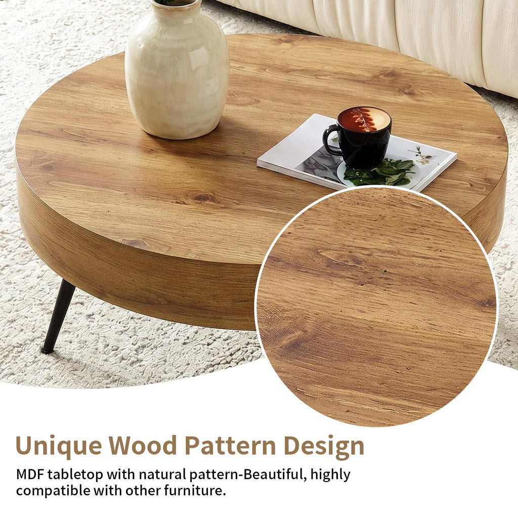 Round Coffee Table, Mid Century Small Coffee Table with Metal Legs, Wood Coffee Table Accent Center Table Apartment