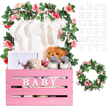 Wood Baby Shower Basket with Hanger Rack Crate Closet, Pink