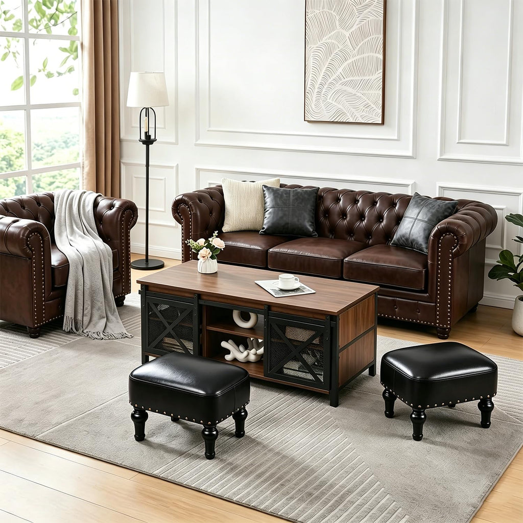 Leather Footrest Wood Ottoman, Rustic Foot Stools Seat, Wood Footstool, Rectangle Footrest Small Ottoman, Entrance Hall
