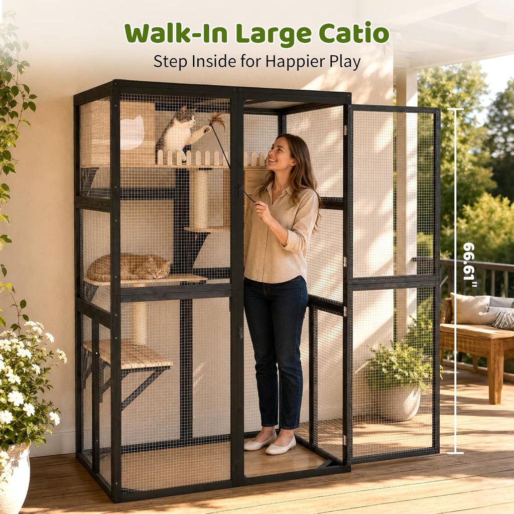 Catio Outdoor Cat Enclosure, 4-Tier Walk-in Cat House with Window Entrance