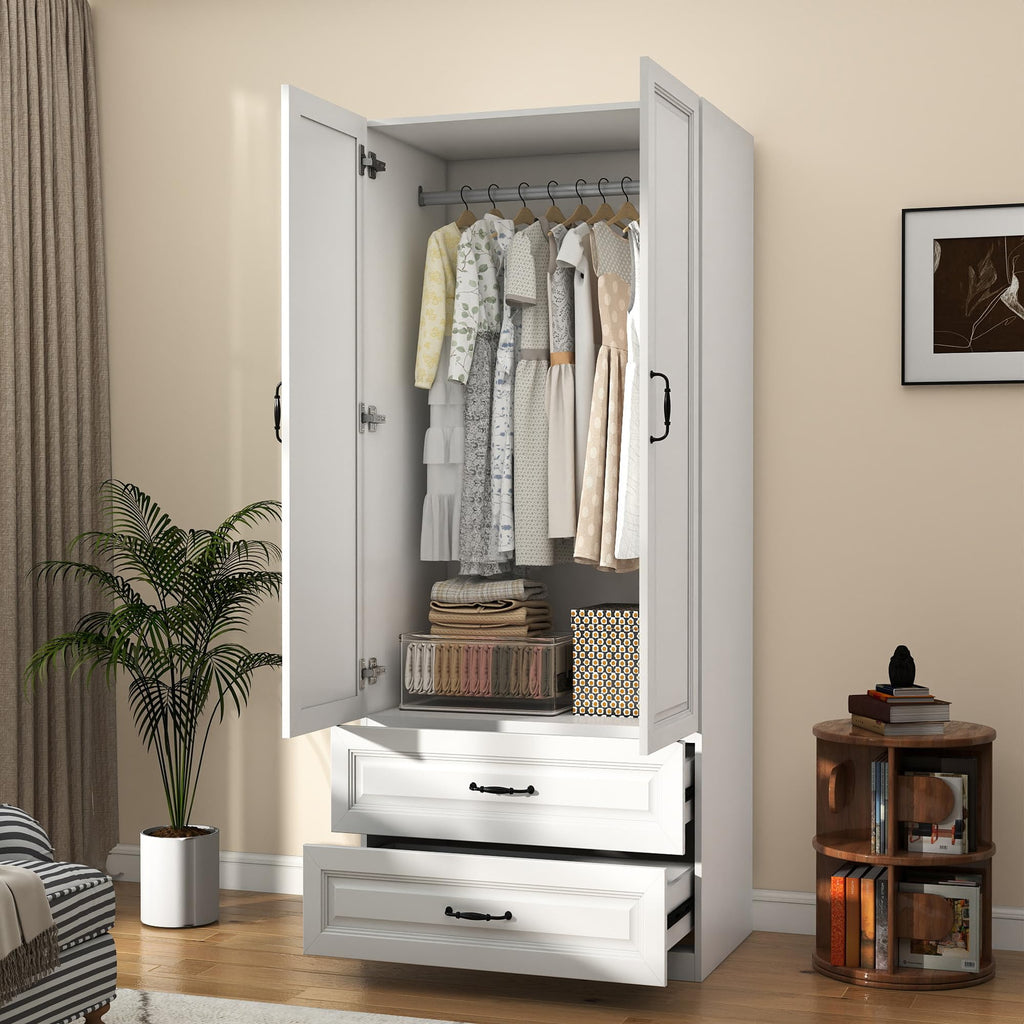 White Wardrobe Closet with 6 Drawers and 6 Doors, 75" H x 95" W
