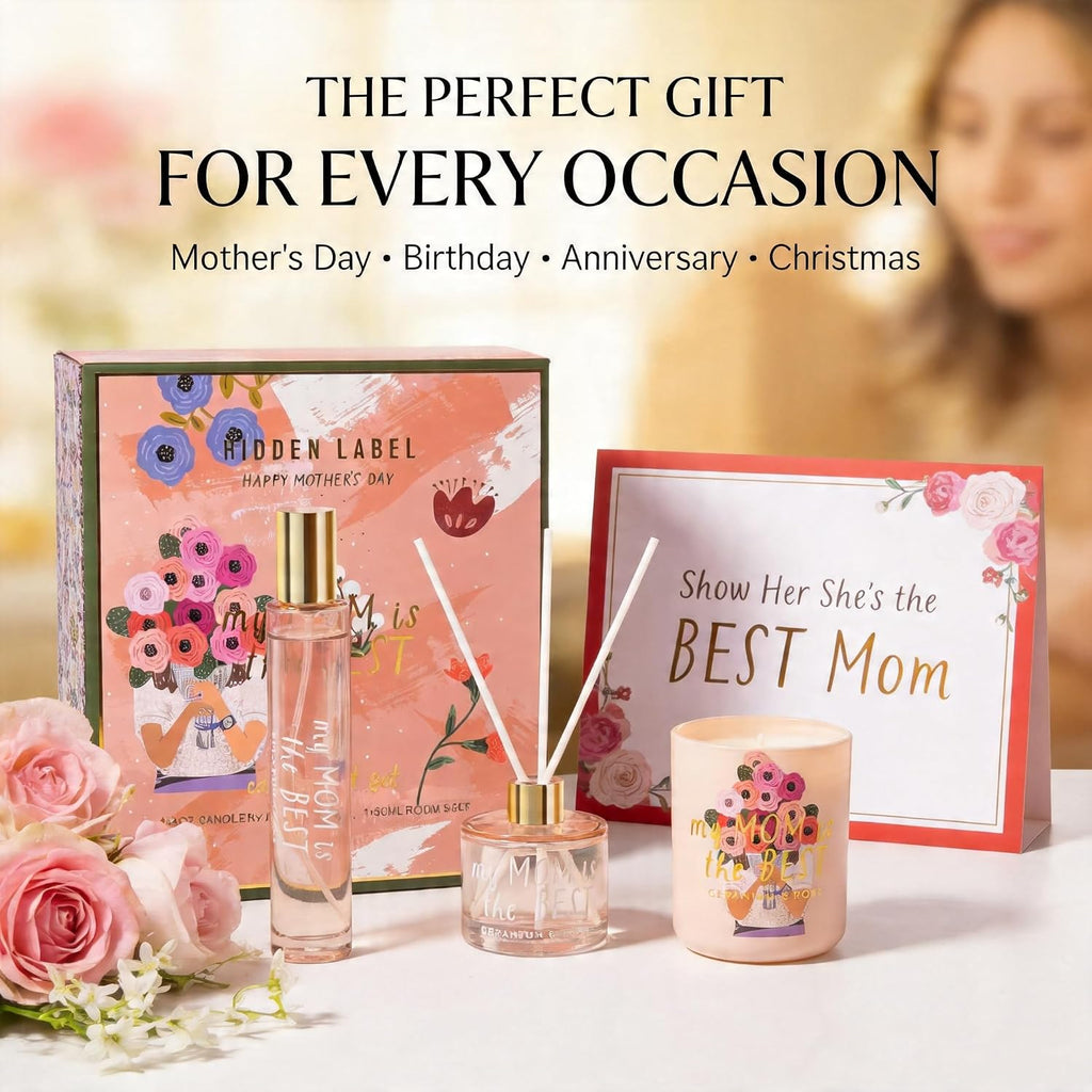 Soy Candle Set: Geranium & Rose 'Best Mom' Gift with Reed Diffuser & Room Spray - Set of 3