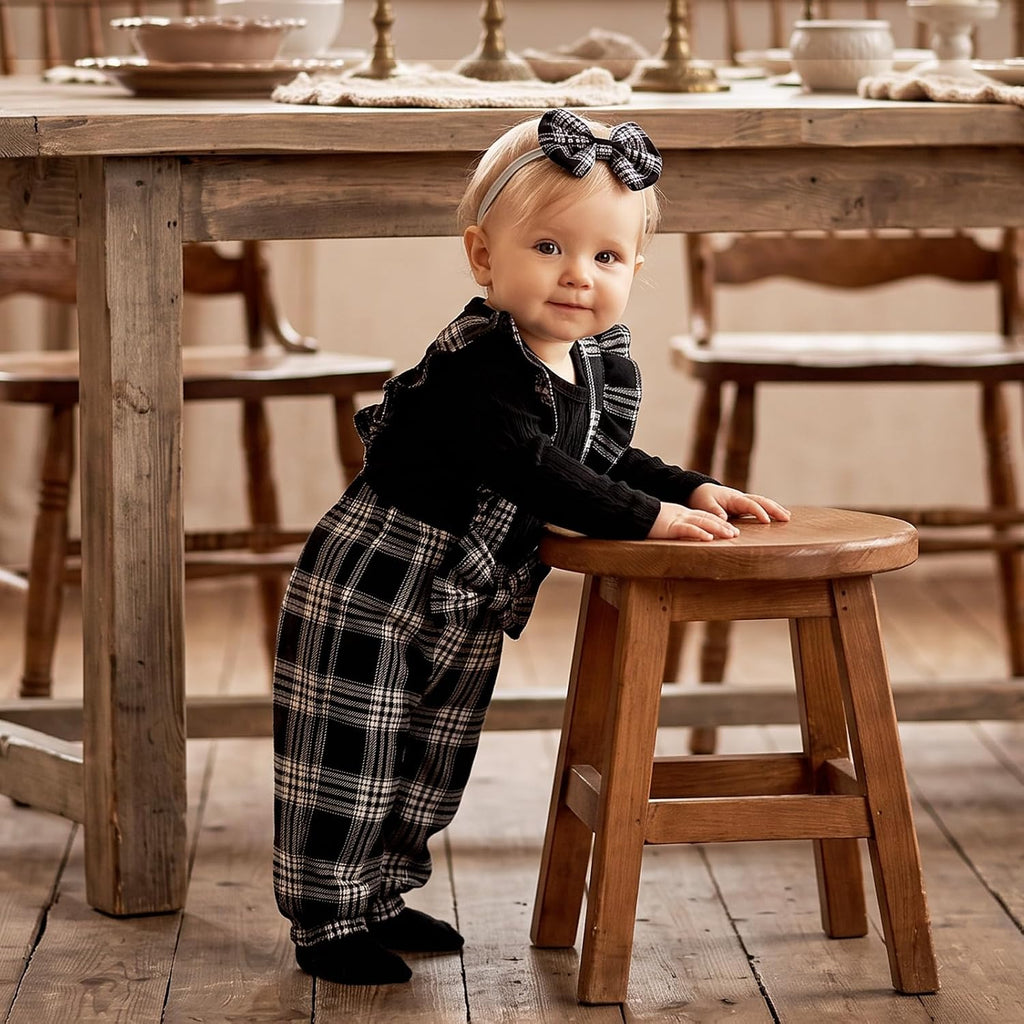 Baby Girl Clothes Newborn Suspender Overalls Long Sleeve Ribbed Romper Fall Winter Outfits Bow Headband
