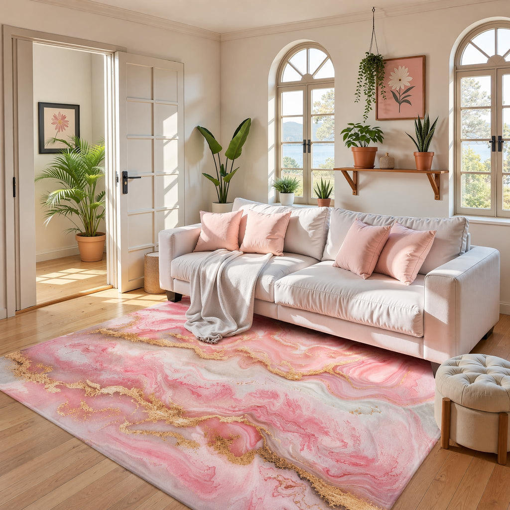 5x7 Luxury Agate Marble Area Rug Pink Washable Glam Floor Carpet