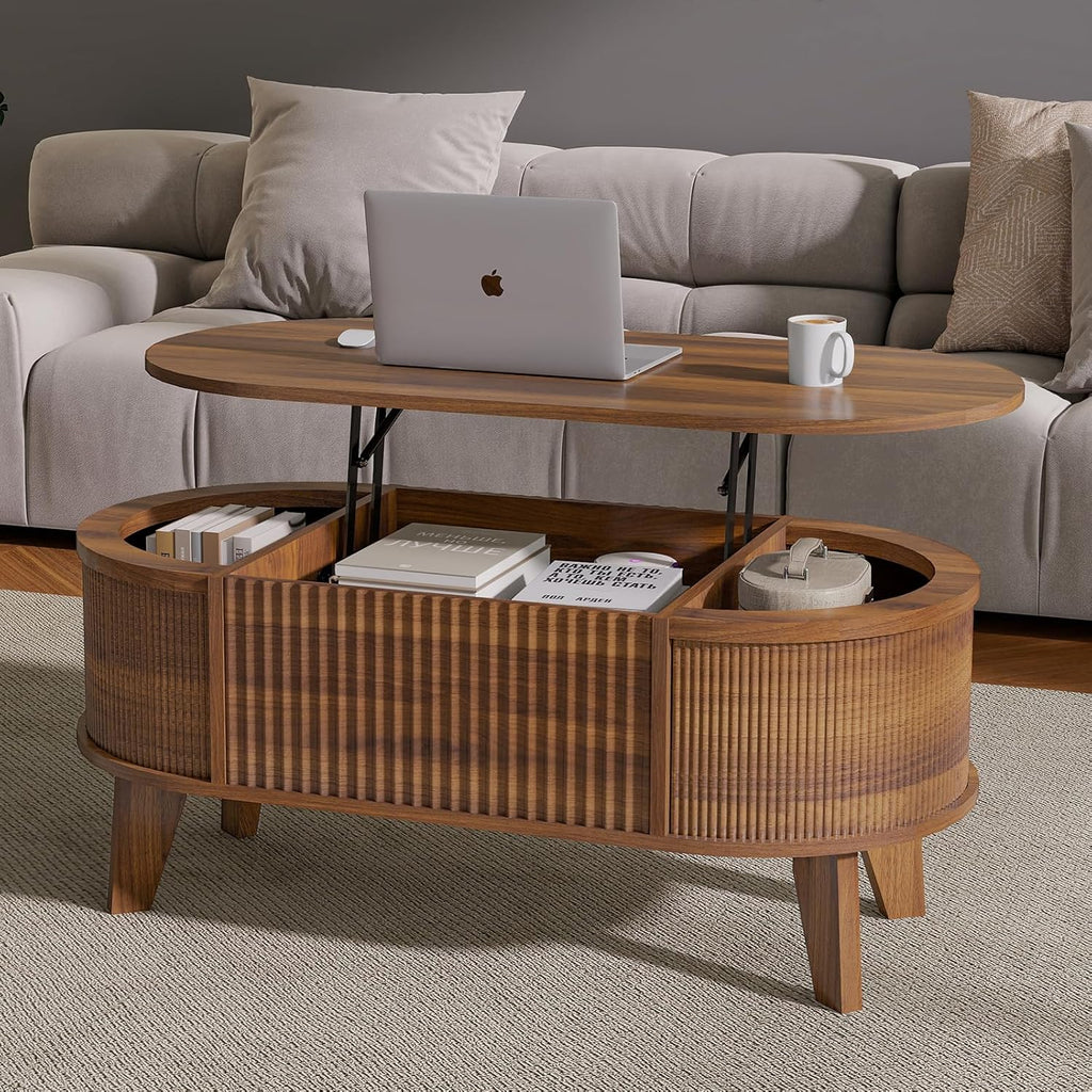 Fluted Lift Top Coffee Table with Storage,Modern Oval Coffee Table or Home Office（Walnut）