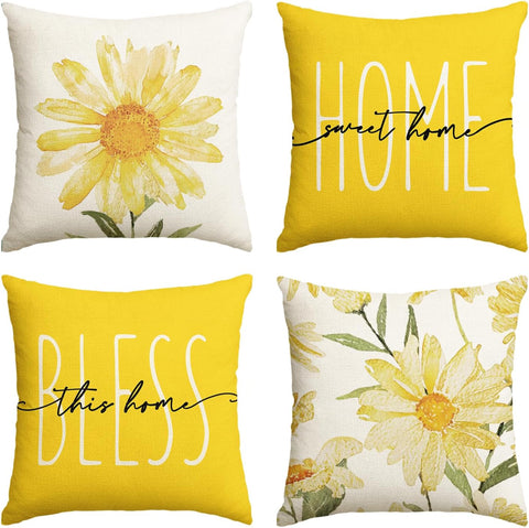Home Sweet Home Spring Summer Flowers Yellow Throw Pillow Covers, 18 x 18 Inch Cushion Case