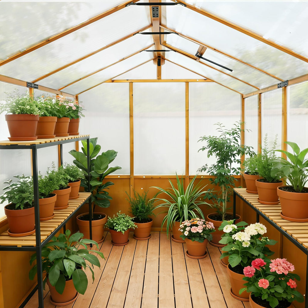 6x10ft Cedar Wood Greenhouse with Roof Vents, Outdoor Greenhouse Kit, Weather Resistant Plant Garden House, Natural