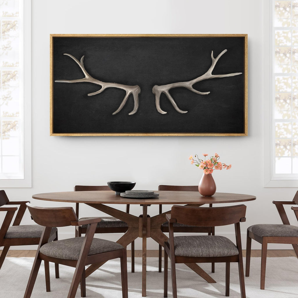 Extra Large Framed Canvas Print Wall Art Rustic Antler Antlers Lodge Illustrations Modern Art Calm Warm Office