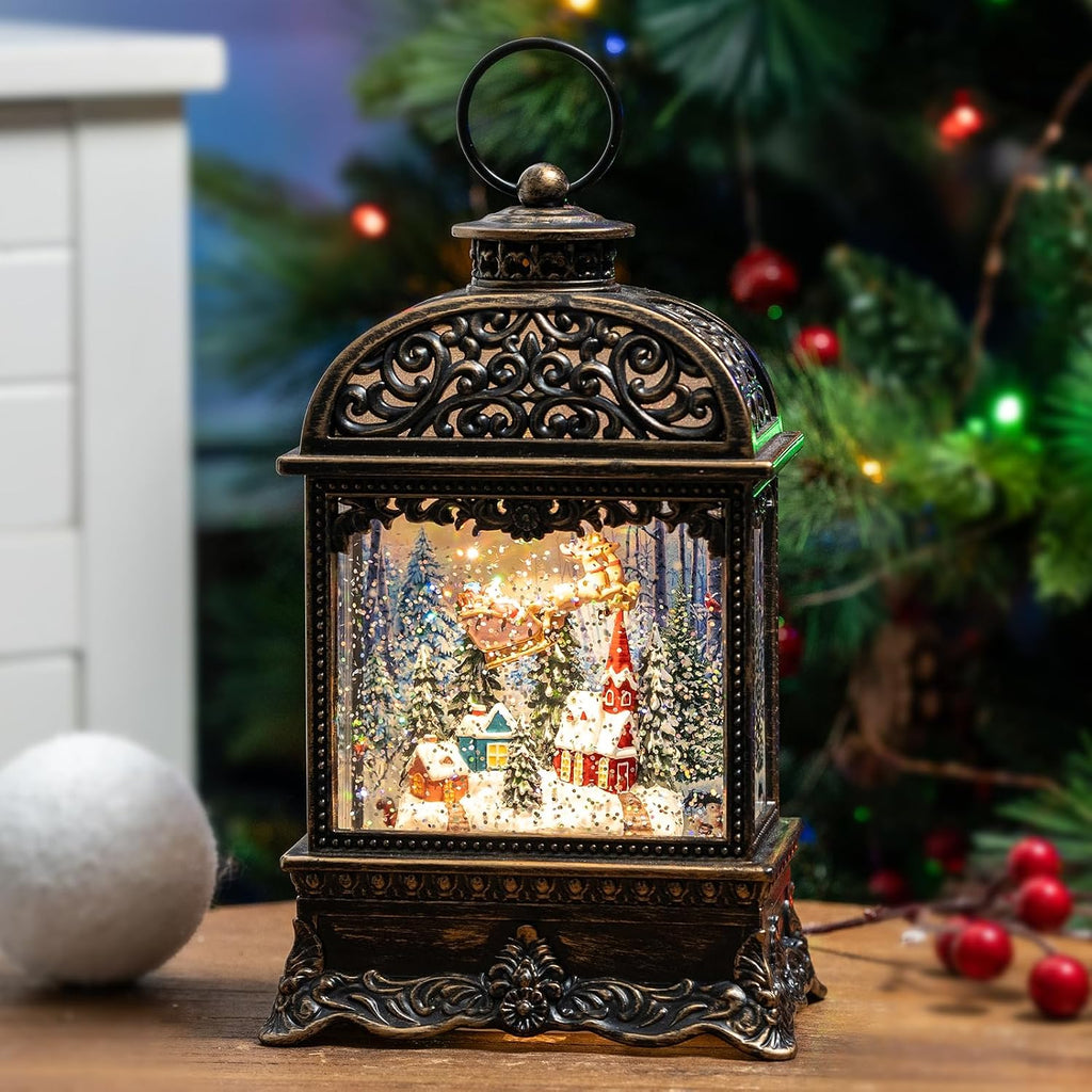 Christmas Village Snow Globe Lighted Flying Santa Scene, Musical Snow Water Lantern Swirling Glittering Home