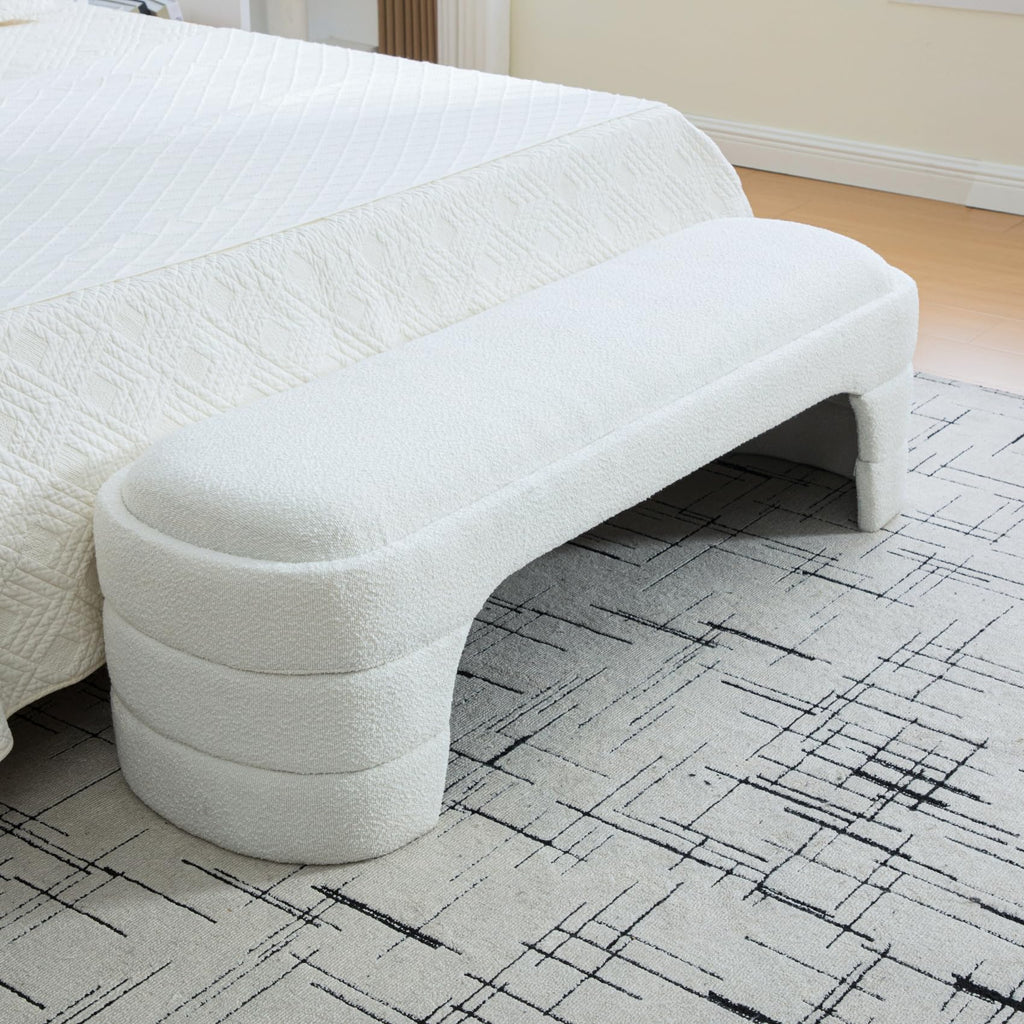 65" W Shoe Bench Modern Upholstered King Size End of Bed, White.