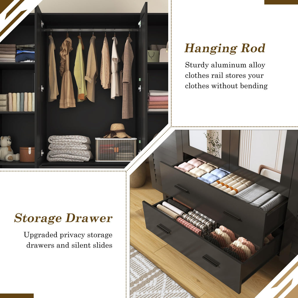 4 Door Armoire Wardrobe Closet Cabinet with Drawers and LED Lights, Multi-Tier Shelves, Hanging Rod & Louver Doors