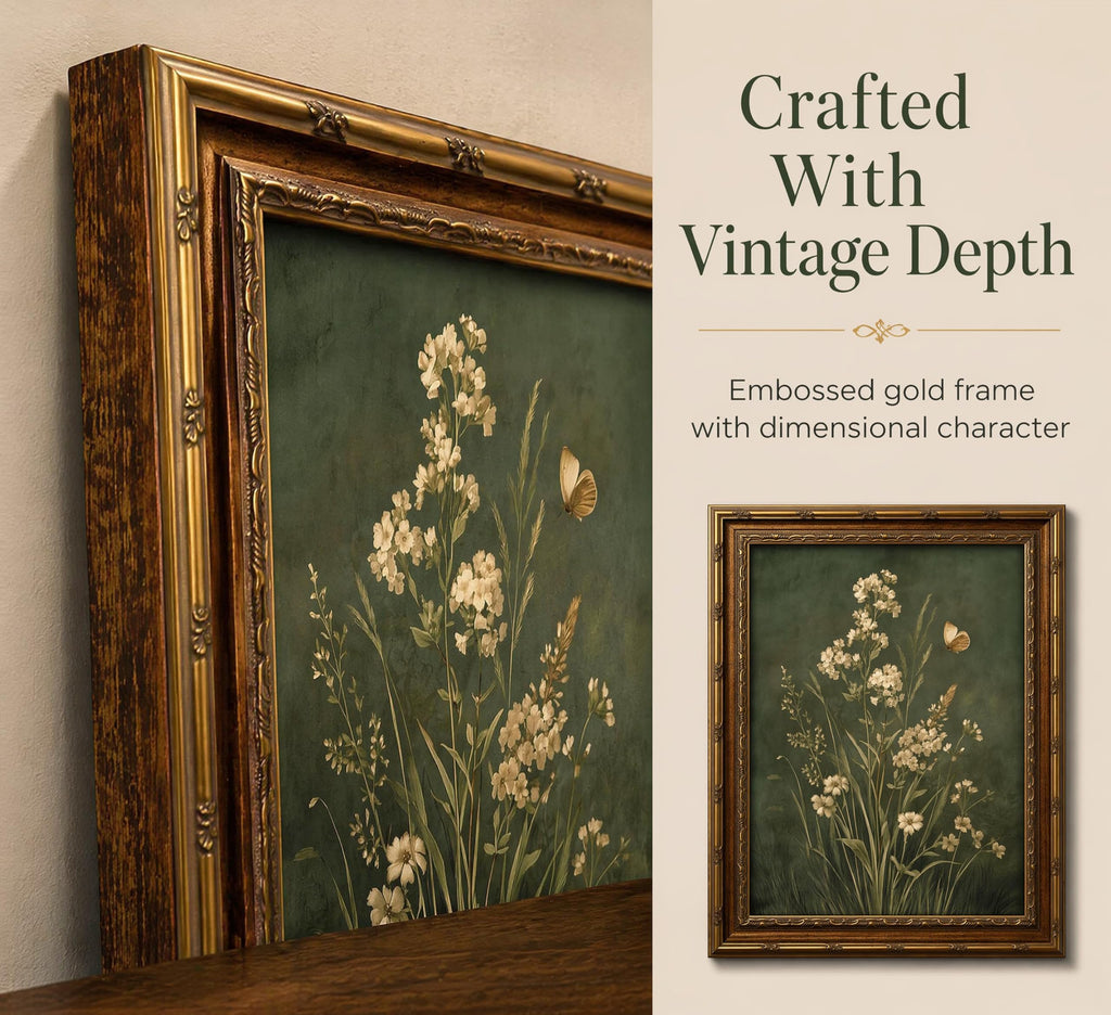 Vintage Gold Framed Botanical Wall Art Dark Green Botanical Floral Painting Picture Wall Decor Simple Cottagecore