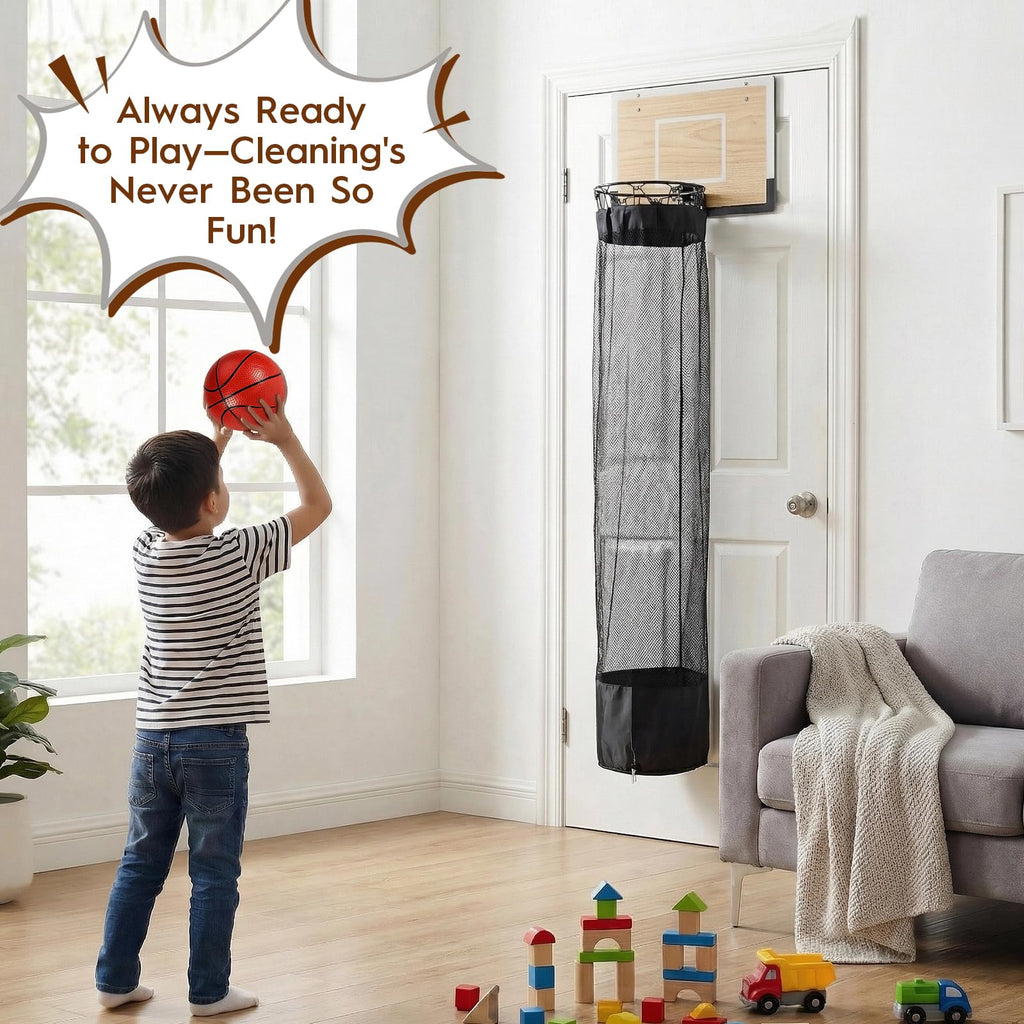 Wooden Basketball Laundry Hamper,Over the Door Basketball Hoop Laundry Basket with Zipper,3 Balls and Pump for Kids