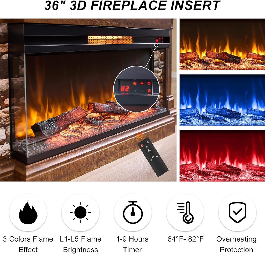 OKD 52" Electric Fireplace with Mantel, Freestanding Fireplace Heater TV Stand with 36" 3-Side Glass Insert for TVs Up