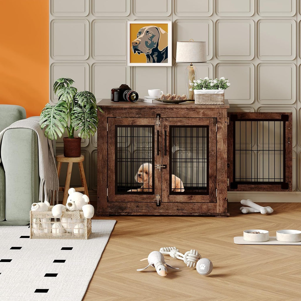 31" Inch Dog Crate Furniture, Small to Medium Pet Cage with Double Doors, Chew-Resistant Wooden Indoor Dog House