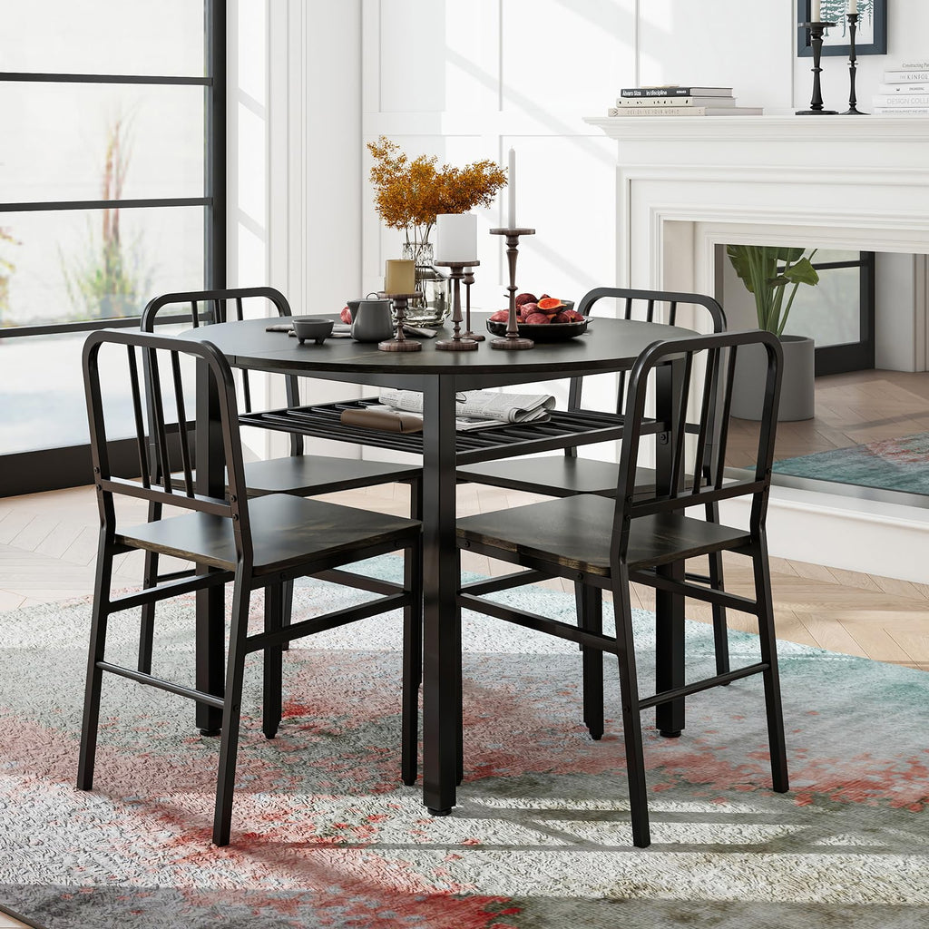 5-Piece Dining Table Set for 4, 40-Inches Round Kitchen Table and Chairs with Storage Rack & Metal Frame