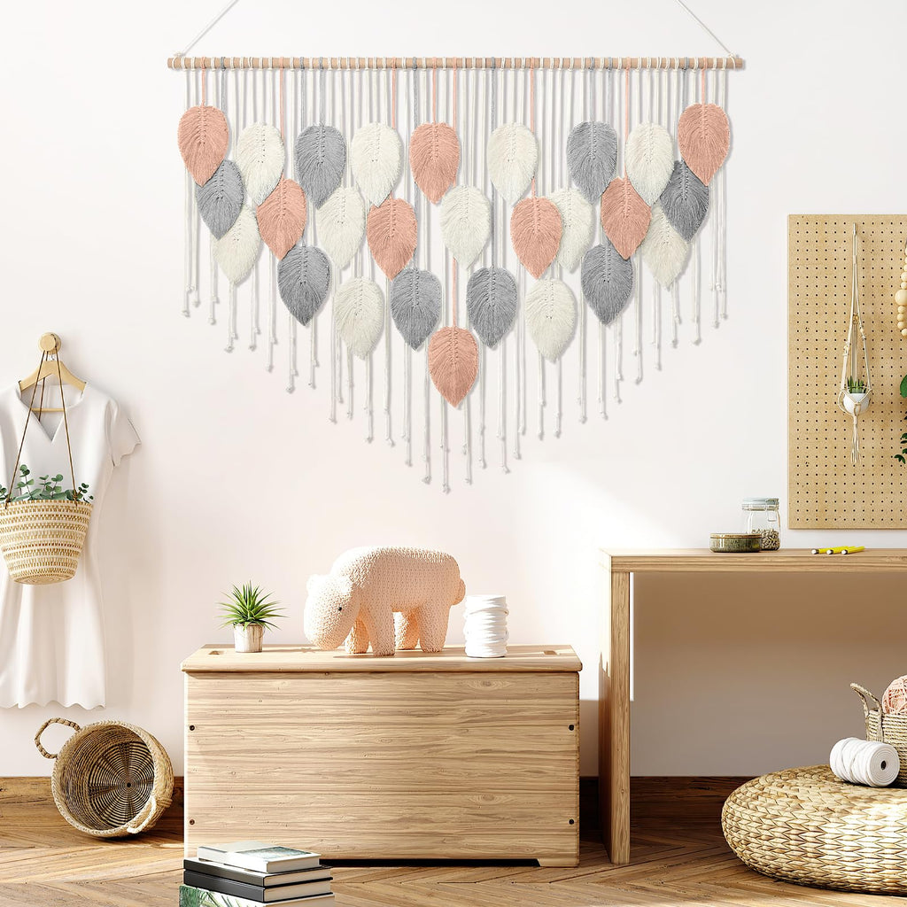 Large Macrame Wall Hanging Boho Leaf Feather Woven Tapestry 51.5"WX33.5"L