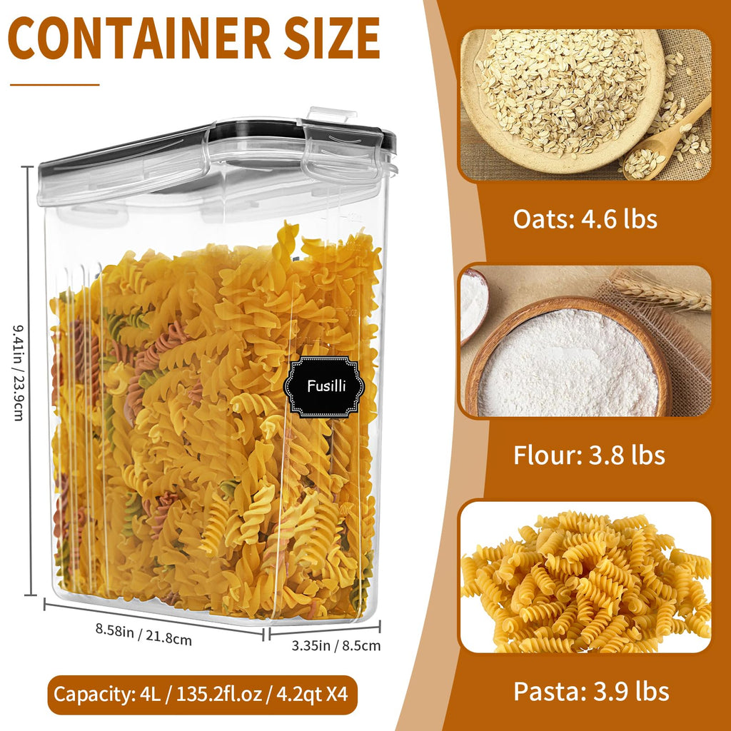 Cereal Containers Storage Set (4L / 135.2oz), 4PCS Airtight Food Storage Containers with Lids, Cereal Dispensers