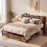 King Bed Frame with Storage Headboard, Platform King Bed with 2 Drawers and Charging Station, Heavy-Duty Metal Slats