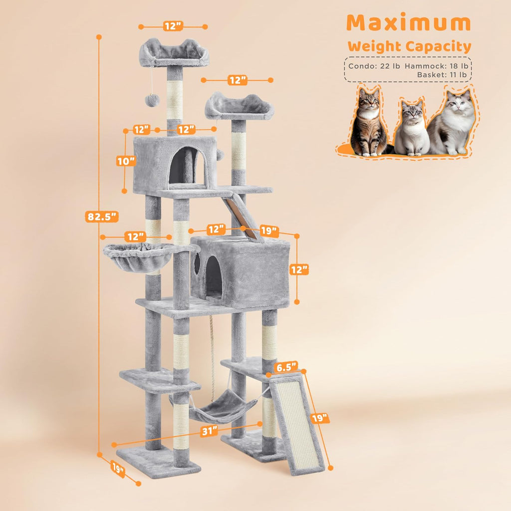 82.5in Tall Cat Tree for Large Cats, Sturdy Multi-Level Condo