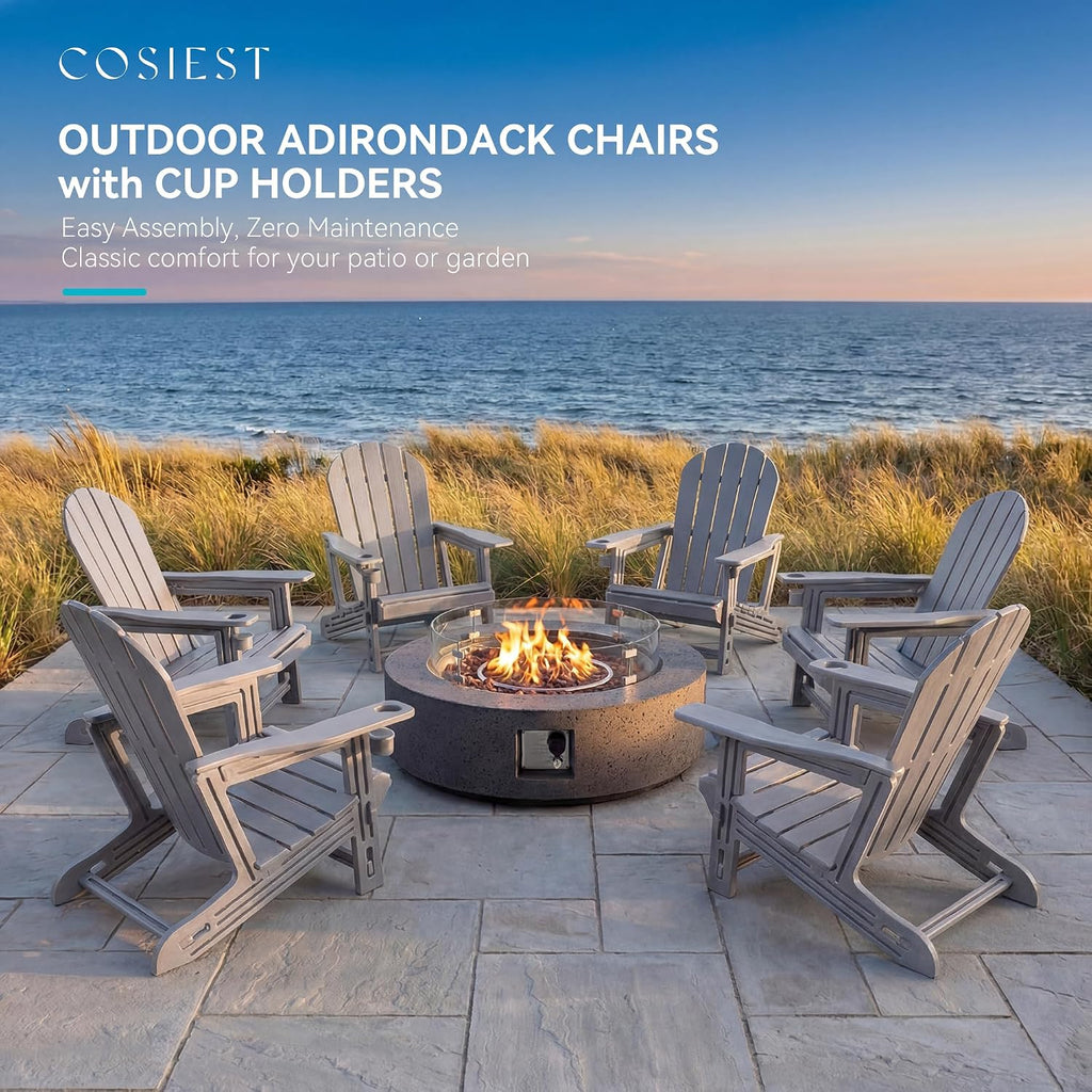 Adirondack Chair Set of 2, Screw-Free HDPE Oversized Outdoor Adirondack Chairs with Cup Holder, Wood Grain Finish