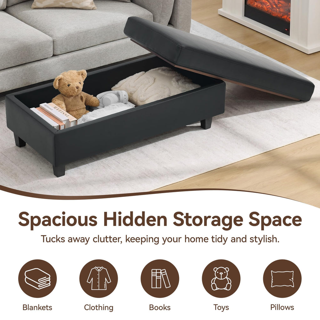 45" Faux Leather Storage Ottoman Bench with Wooden Tray, Black Large Upholstered Foot Stool, Multifunctional Coffee