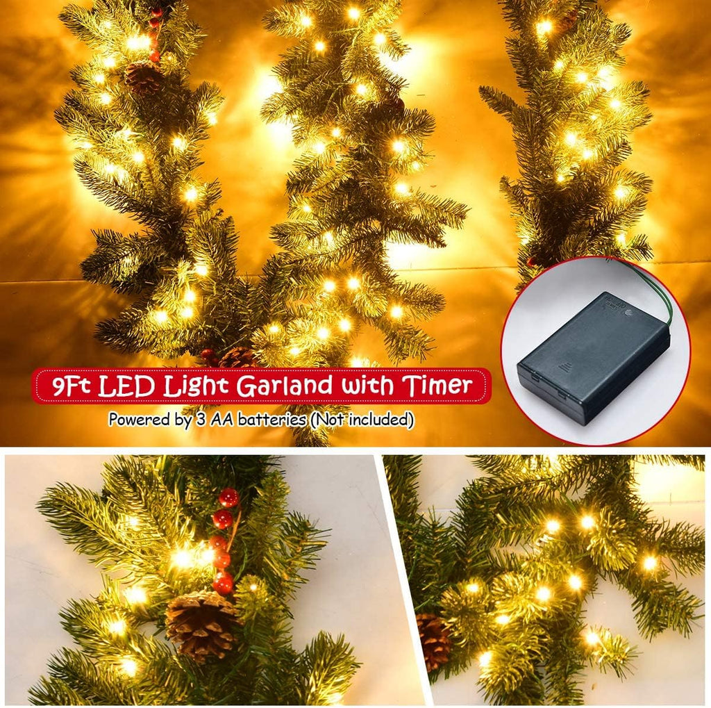 Prelit Artificial Pine Garland w/100 LED Lights, Pine Cones, Red Berries & Timer, Lighted Christmas Garland