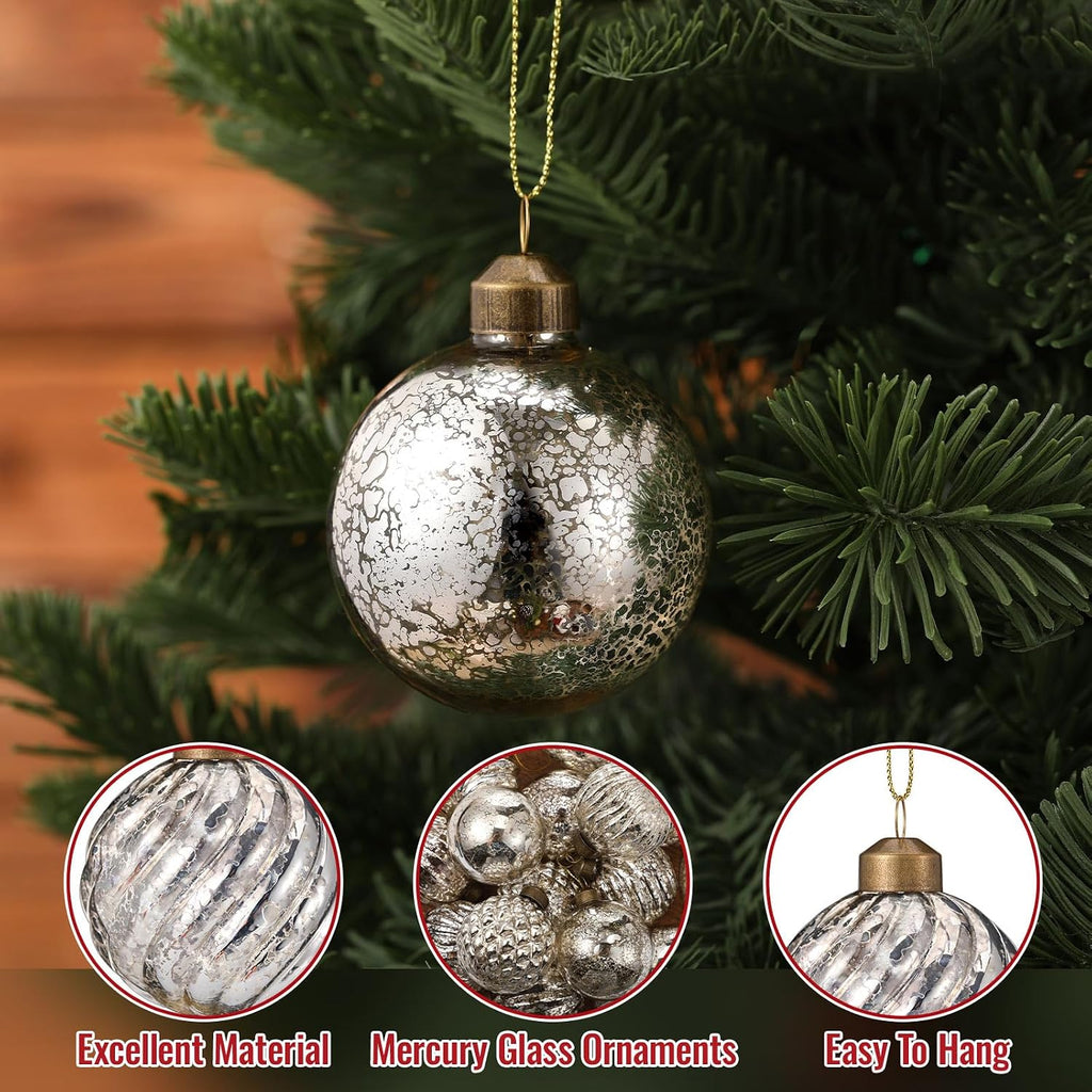 18 Pcs Silver Christmas Mercury Glass Balls Ornaments, 6 Styles