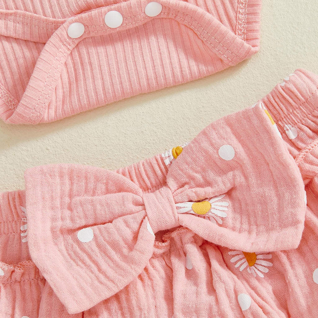 She is Here Newborn Outfit Baby Girl Clothes 0 3 6 9 12 Ruffle Sleeve Romper Headband Shorts Set (Pink, 3-6