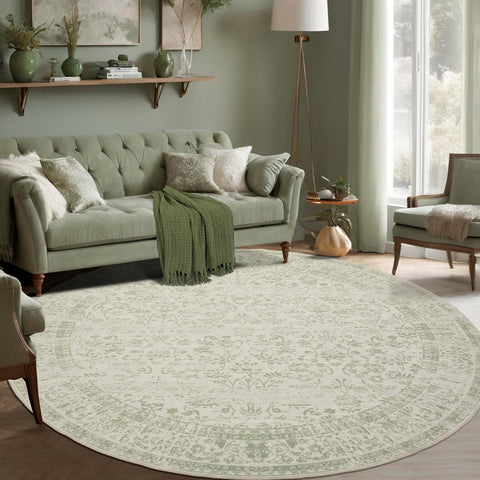 Vintage Rug Indoor Floor Cover Floral Print Blush Sage Green Circle Rug 8' Round Kitchen Living Room