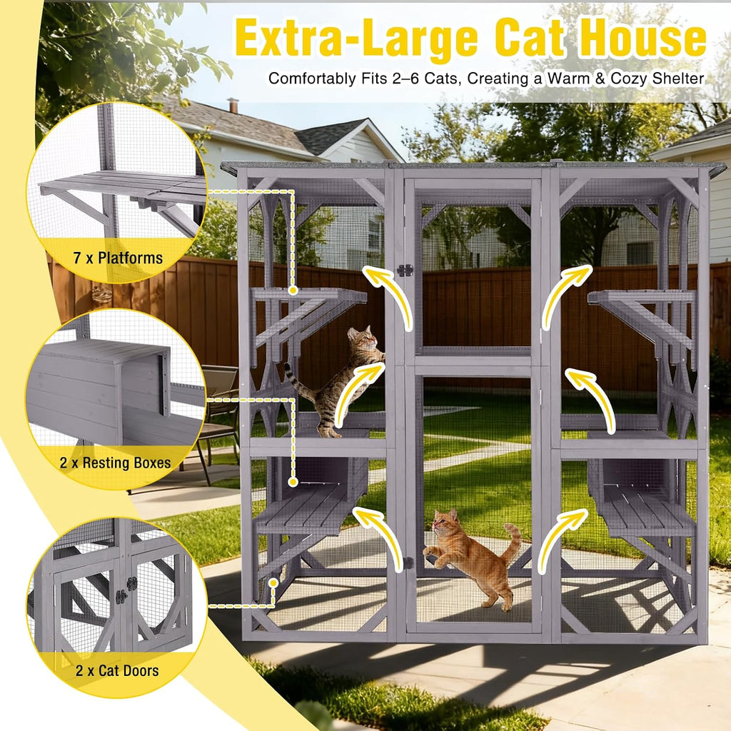 Catio Outdoor Cat Enclosure with 7 Platforms, 2 Resting Boxes, Large Window Cat House for 6-8 Mulitiple Cats Walk