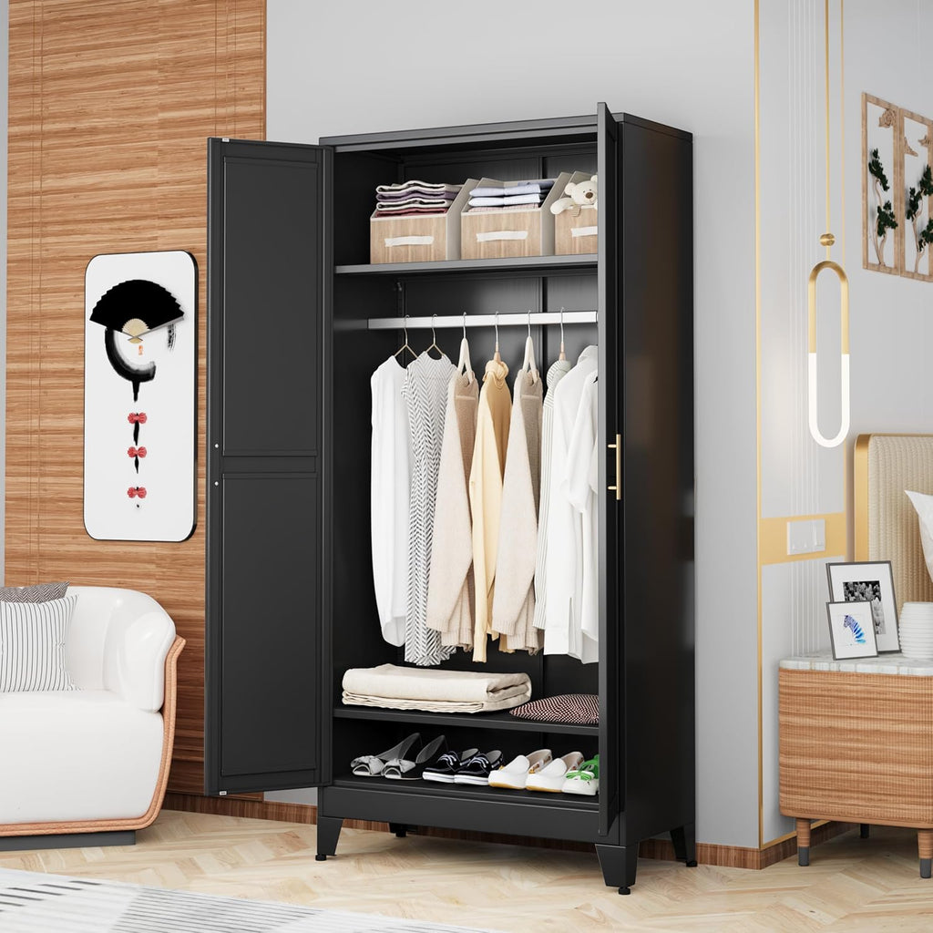 Metal Armoire Wardrobe Closet Storage Cabinet with Hanging Rod,71'' Metal Wardrobe Cabinet with 2 Doors and 2