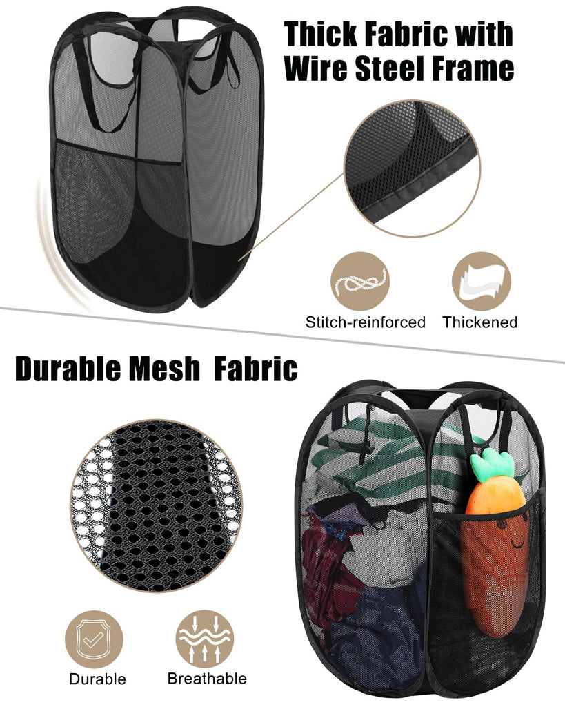 2 Pack Strong Mesh Pop Up Laundry Hamper, 70L Collapsible Laundry Basket with Steel Frame, Double‐Stitched Handles &
