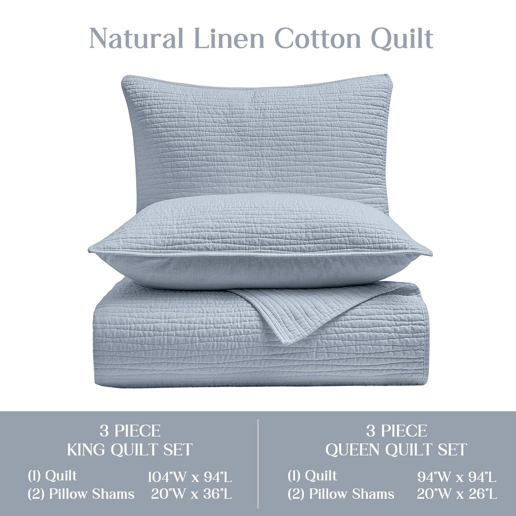Natural Linen Cotton Quilt - Skin-Friendly Breathable & Hypoallergenic Quilt, 3 Piece Wave Stitched Dusty Blue