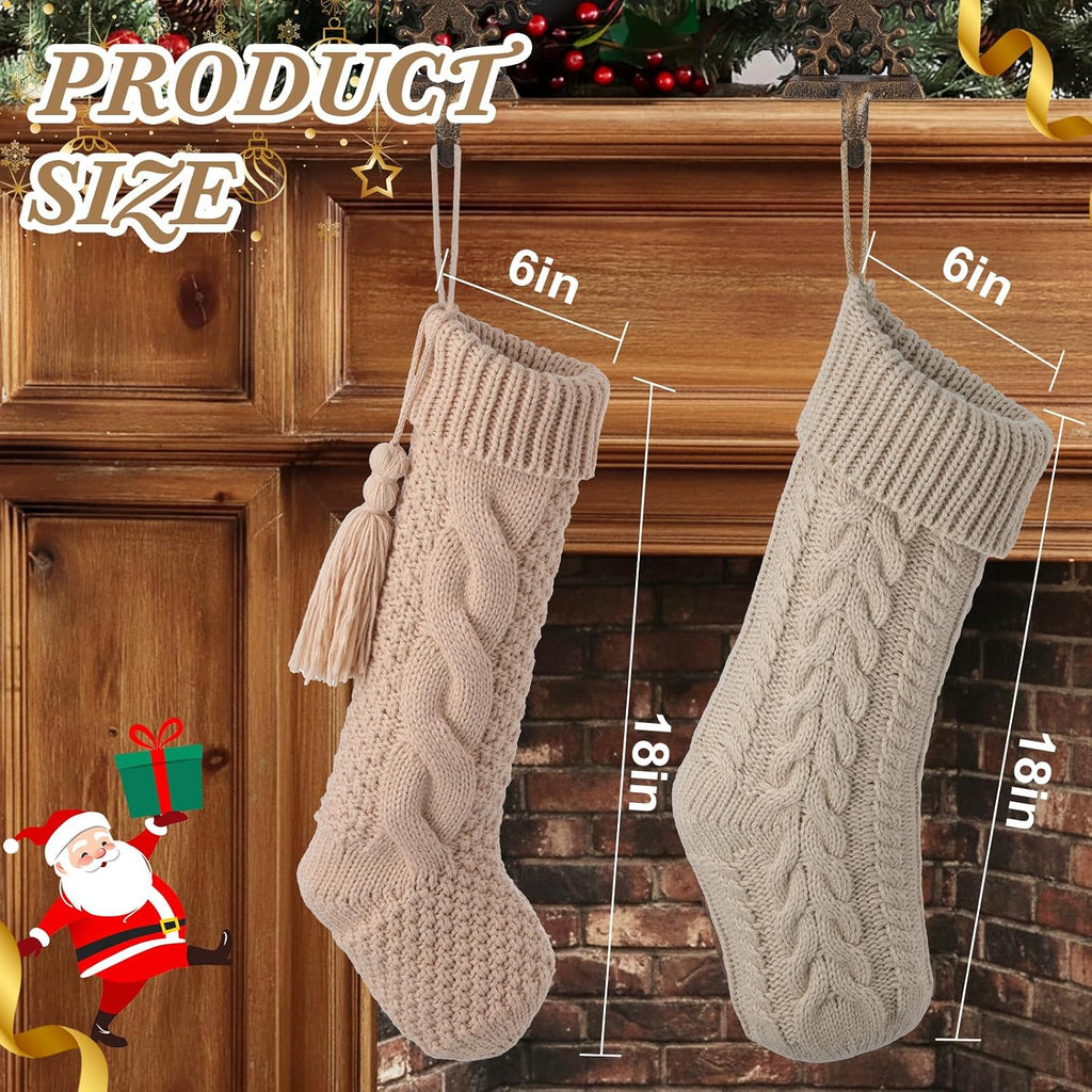 Vintage Knit Christmas Stockings - White Beige Apricot Rustic Boho Farmhouse Cable Knitted Holiday Set - Set of 6