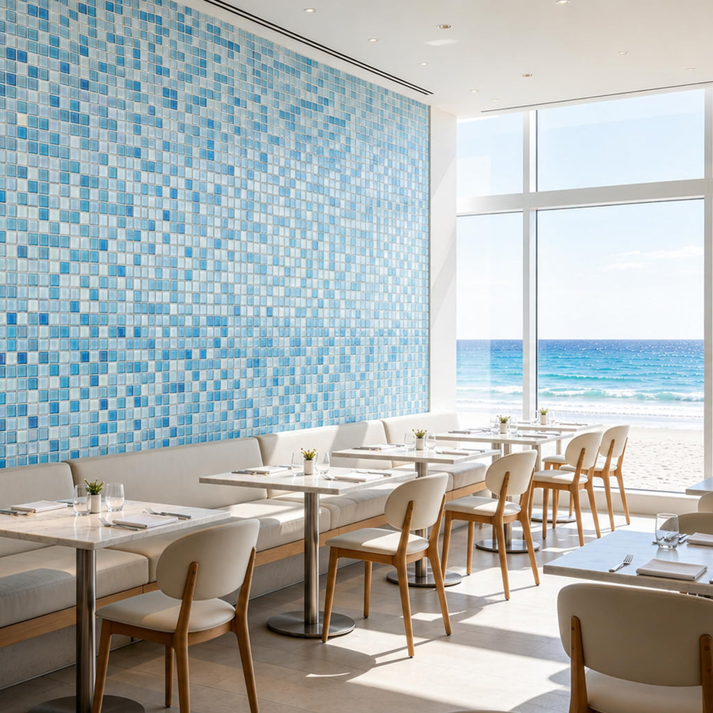 Light Blue Glass Mosaic Tiles, 6mm Ocean Gradient Backsplash, 15 Sheets