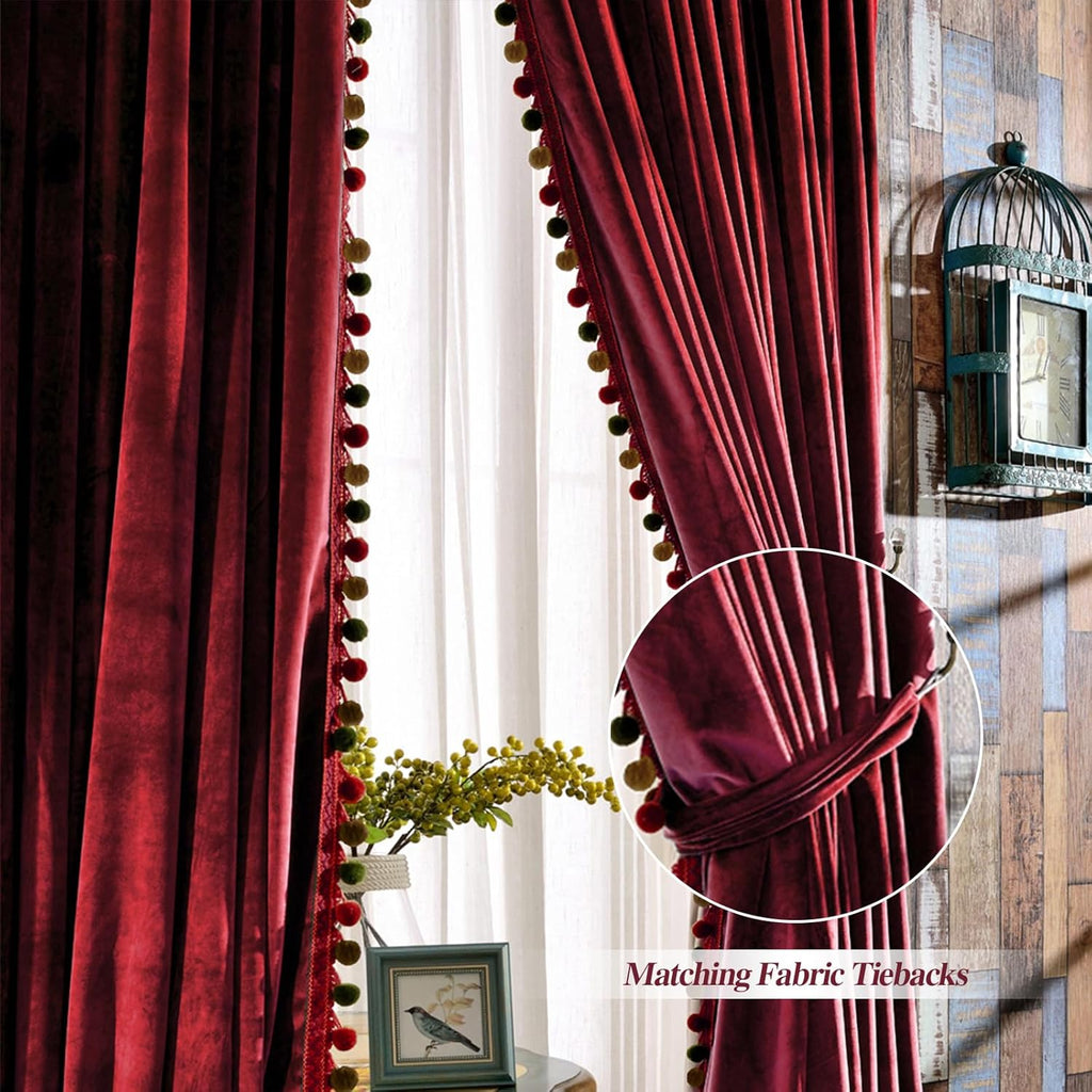 Pom Poms Wide Velvet Curtains Patio Doors, Vintage Luxury Bedroom Rod Pocket Thermal Insulated Window Drapes, 100" W
