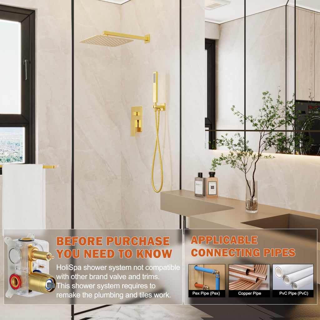 12" Rain Shower System with Handheld & Valve, Brushed Gold