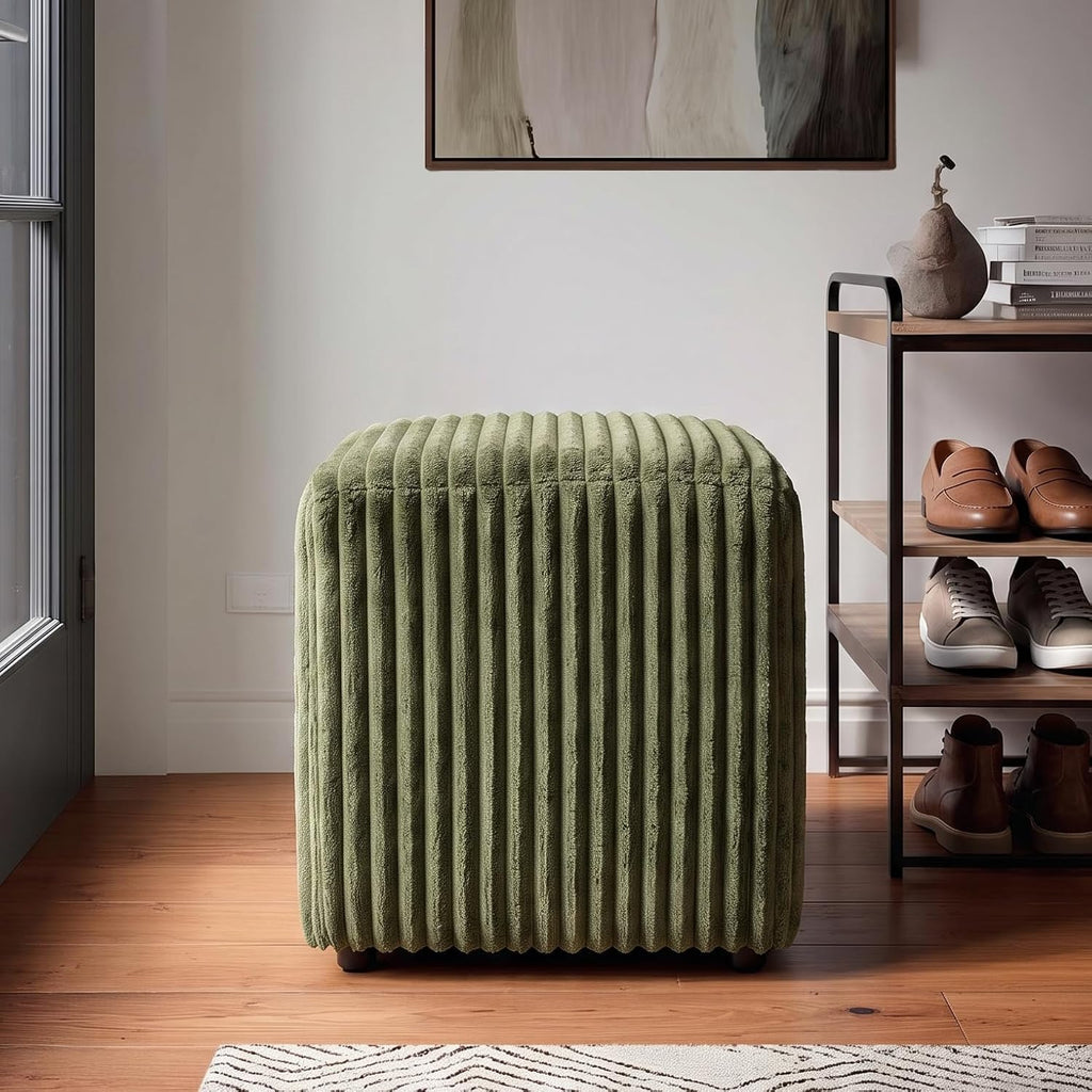 Modern Square Vanity Stool, Small Striped Pattern Ottoman, Cute Velvet Foot Stool, Tufted Fabric Footrest