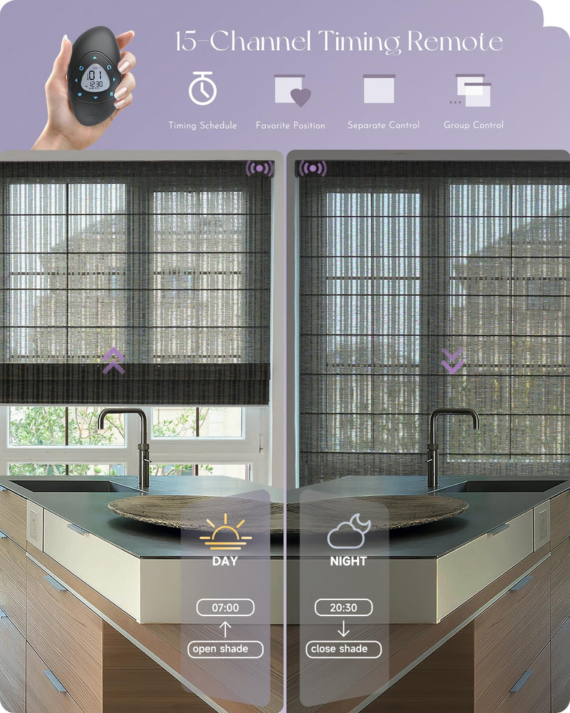 Smart Natural Roman Shades Compatible with Alexa Google Rechargeable Light Filtering Motorized Blinds with Remote