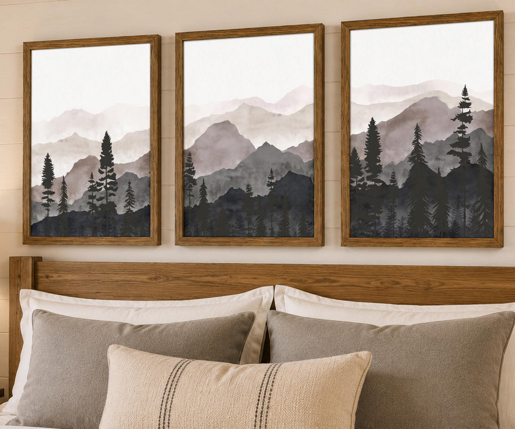 Framed Pine Forest Wall Art Set of 3, Misty Mountain Landscape, 12x16 Inch