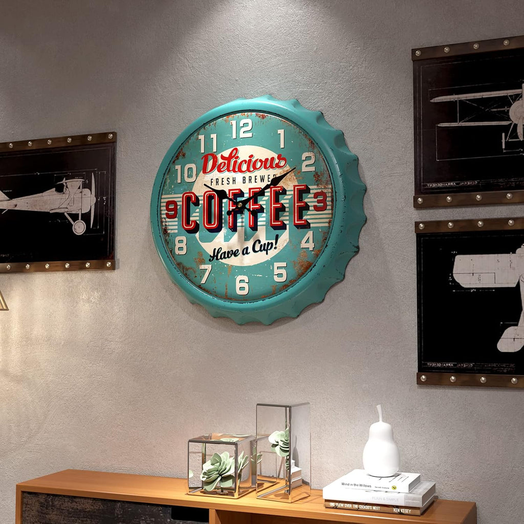 Menterry Bottle Cap Design Iron Retro Wall Clock, 13 inch Vintage Style