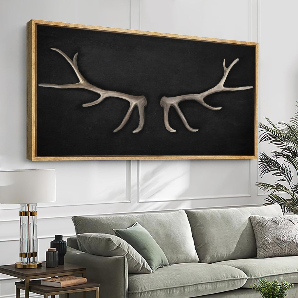 Extra Large Framed Canvas Print Wall Art Rustic Antler Antlers Lodge Illustrations Modern Art Calm Warm Office